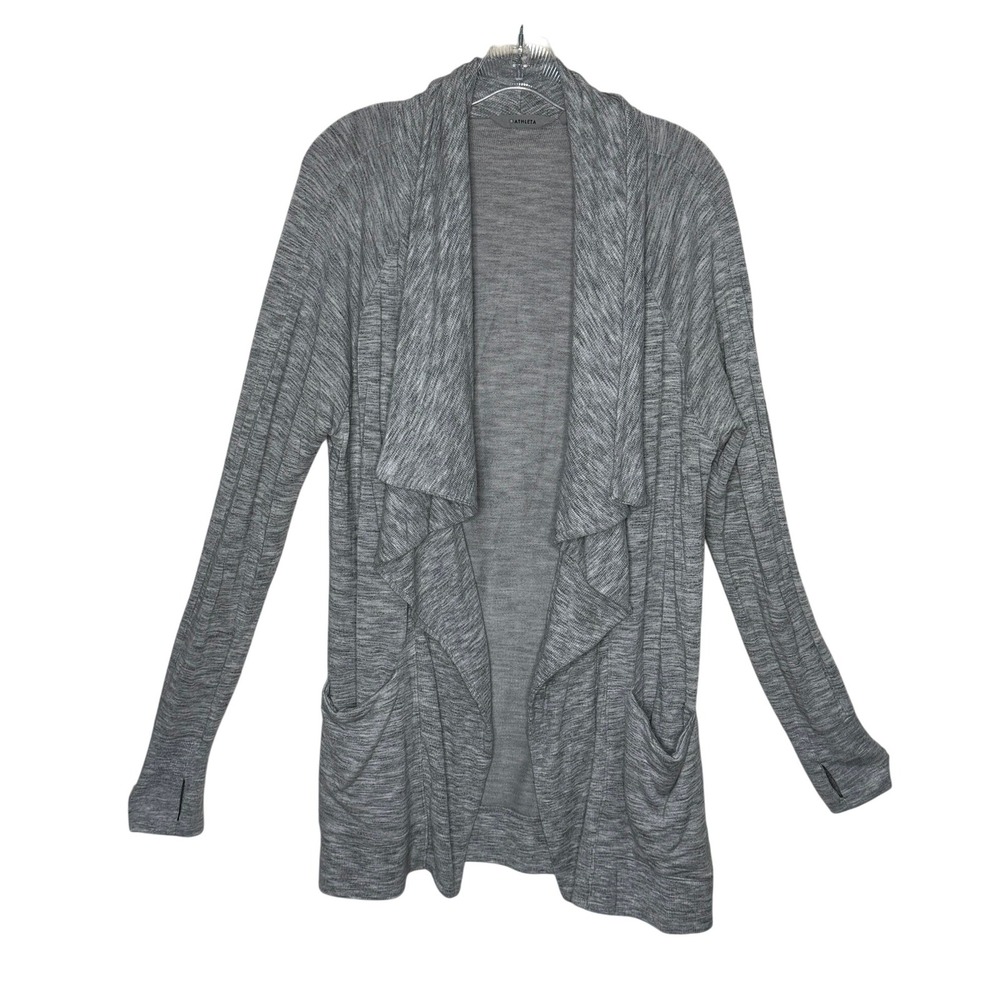 Athleta‎ Studio Wrap Heather Gray Open Cardigan Thumbholes Pockets Size Medium
